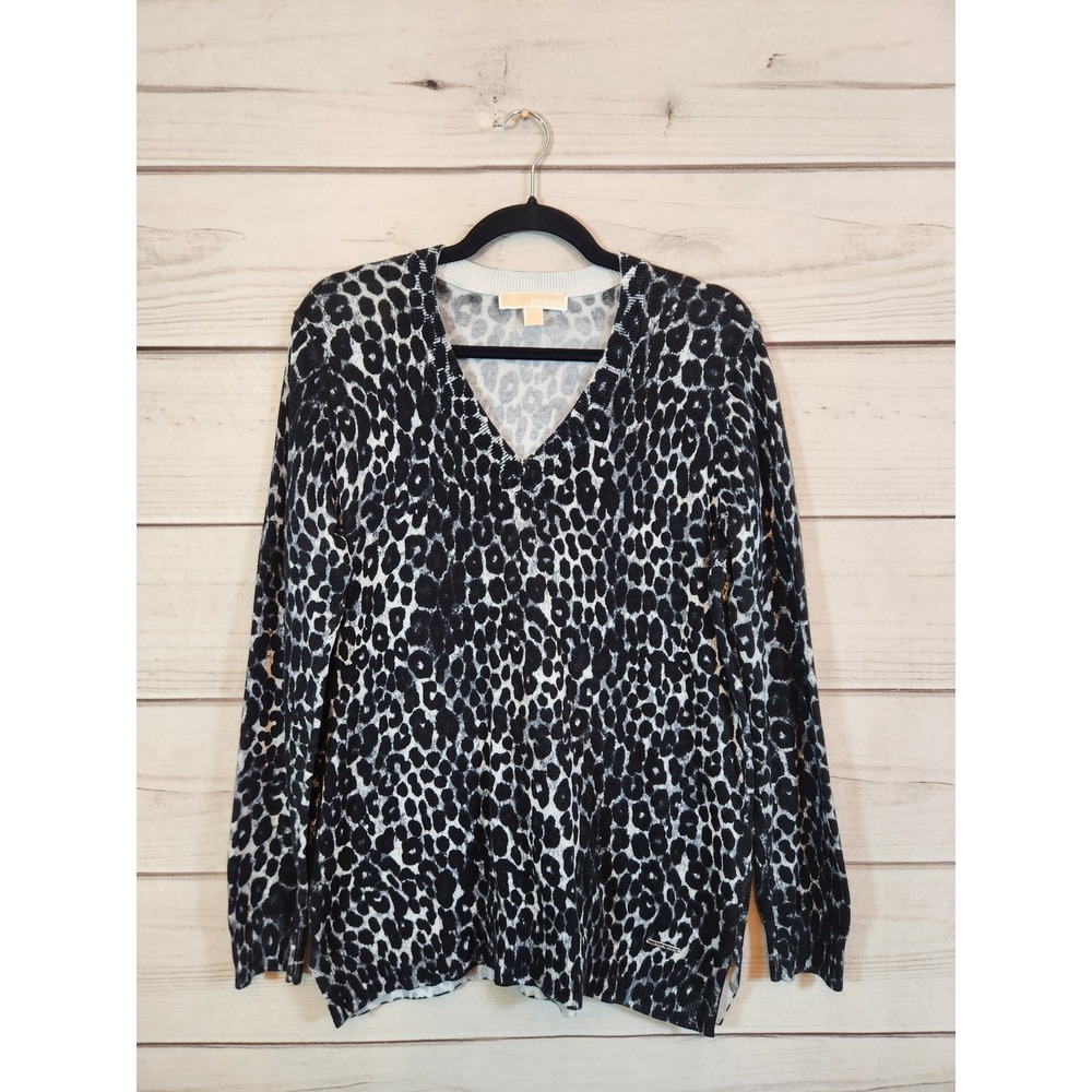 MICHAEL Michael Kors L Black White Leopard V-Neck Cotton Blend Knit Sweater